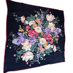 Vintage Ellen Tracy Silk brocade floral scarf blue pink green flowers square